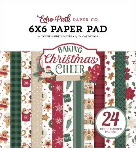 Verpackungsvorderseite des Echo Park 6x6 Paper Pads „Baking Christmas Cheer” mit gestapelten Musterpapieren in Lebkuchen- und Backmotiven