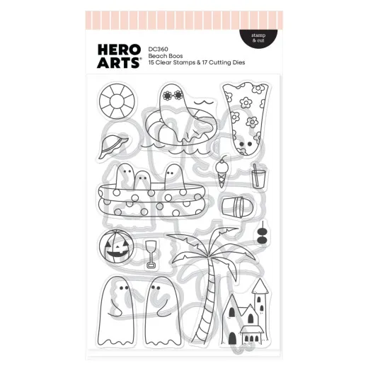 Verpackung des Stempel- und Stanzsets Beach Boos mit unkolorierten Motiven: Geister im Pool, auf einer Luftmatratze, Palme und Sandburg.