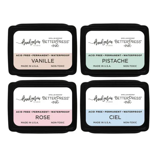 Vier Mini-Stempelkissen in den Farben Vanille, Pistazie, Rosé und Himmelblau.