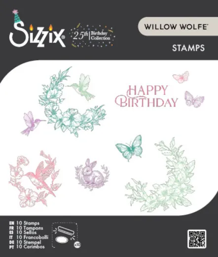 Verpackung des Sizzix Stempelsets 'Birthday Blooms' von Willow Wolfe mit Kolibri-, Blüten- und Schmetterlingsmotiven