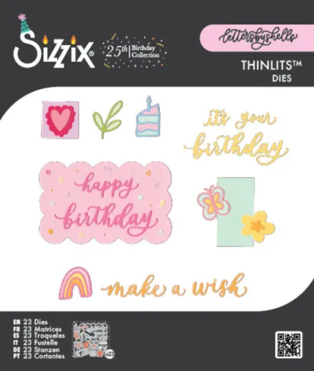 Verpackung der Sizzix Thinlits Stanzform 'Birthday Doodles' von Letters by Shells mit Kuchen-, Regenbogen- und Schriftzug-Motiven