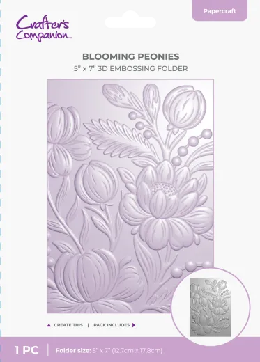 Verpackung des Crafter's Companion 3D-Prägeordners Blooming Peonies mit geprägter Pfingstrosen-Musterkarte