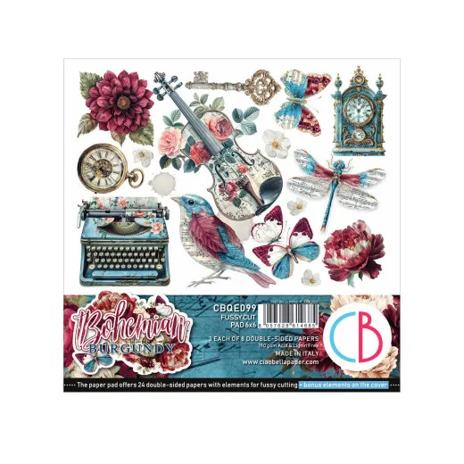 Verpackungscover des Ciao Bella Fussy Cut Pad 6x6 Bohemian Burgundy mit Übersicht ausschneidbarer Motive wie Geige, Uhr und Schreibmaschine