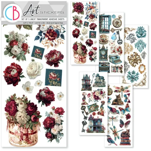 Verpackung des Sets „Bohemian Burgundy“ mit 5 transparenten Klebebögen voller Vintage-Blumen- und Uhrenmotive