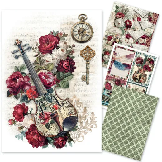 Übersicht aller 4 Reispapier-Bögen im Design „Bohemian Burgundy“ mit Vintage-Geige und Blumen in Burgund