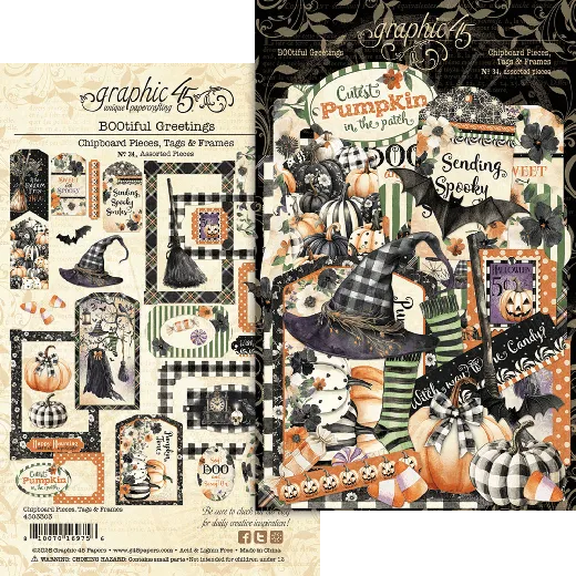Graphic 45 BOOtiful Greetings Chipboard Pieces 34-teiliges Set mit Hexenhüten, Kürbissen, Fledermäusen und Rahmen in Schwarz, Orange und Grün