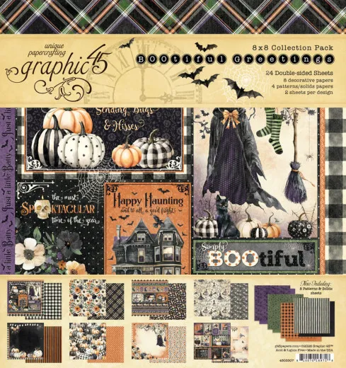 BOOtiful Greetings Paper Pad von Graphic 45 mit 24 doppelseitigen Bögen, Halloween Designs mit Kürbissen, Hexe, schwarzen Katzen, Spinnweben und Vichy-Karos in Orange, Schwarz, Grün, Lila