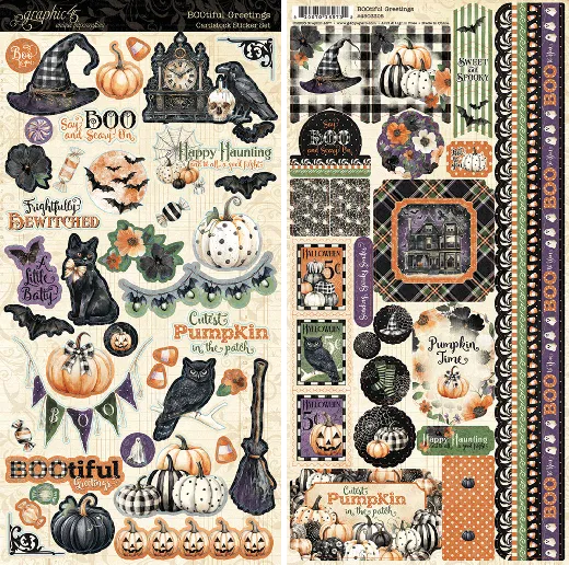 BOOtiful Greetings Sticker Set von Graphic 45 mit Halloween-Motiven: Hexenhüte, Kürbisse, schwarze Katzen, Eulen, Fledermäuse, Spukhaus und Sprüchen auf 2 Bögen à 15,2×30,5 cm