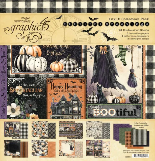 BOOtiful Greetings 12x12 Papierblock von Graphic 45 mit 24 doppelseitigen Bögen, Kürbissen, Hexen, schwarzen Katzen und Halloween-Mustern