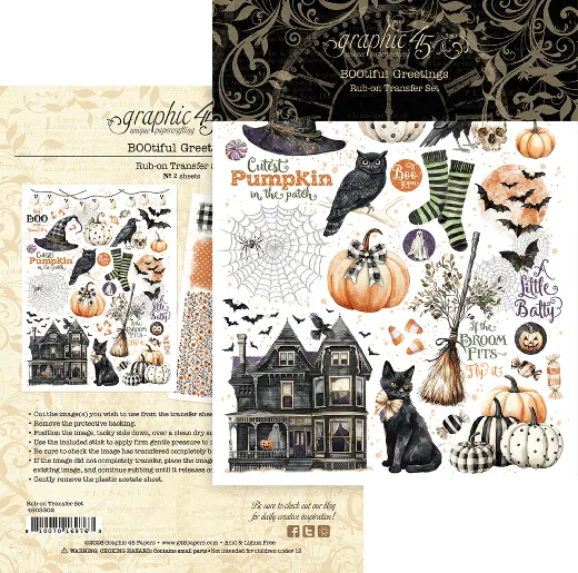 Graphic 45 BOOtiful Greetings Rub-On Transfer Set mit 2 Bögen, Halloween-Motiven wie Herrenhaus, Eule, Kürbissen und Buffalo-Check-Muster