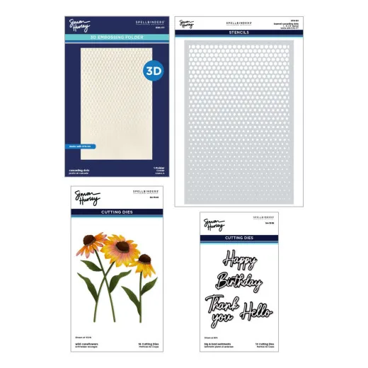 Verpackungsvorderseiten der vier enthaltenen Sets: 3D-Prägeschablone Cascading Dots, Schablone Layered Cascading Dots, Stanzform Wild Coneflowers und Stanzform Big & Bold Sentiments (Happy Birthday, Thank You, Hello)