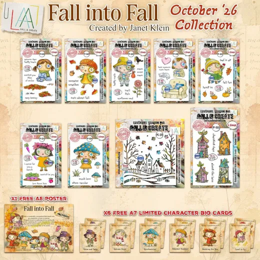 Übersicht des Bundles Fall into Fall von Janet Klein mit acht Stempelsets, Schablone Autumn Glow, Poster und Charakter-Karten