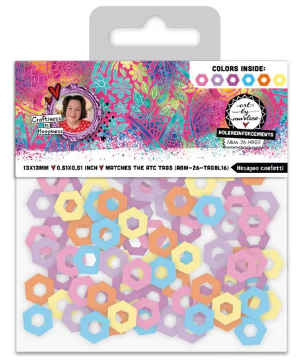 Kleine sechseckige Lochverstärkungen in Rosa, Lila, Blau, Orange und Gelb, passend zu den ATC-Anhängern Hexagon.
