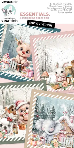 Vorderseite des Essentials Card Making Pads mit vier winterlichen Tiermotiv-Designs (Rentier, Hase, Bär, Elefant) im Schnee, Kollektion Snowy Winter