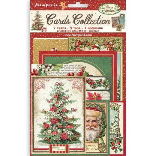 Verpackung der Stamperia Cards Collection Classic Christmas mit 7 Karten, 5 Anhängern und einem Lesezeichen in Rot-Grün-Vintage-Optik, Motive: Weihnachtsbaum und Weihnachtsmann.