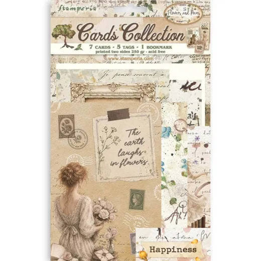 Stamperia Cards Collection Flowers and Poems mit 7 Karten, 5 Tags und Lesezeichen, Vintage Blüten- und Gedicht-Design auf beigem Hintergrund