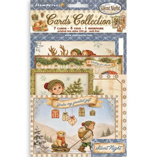 Verpackung der Stamperia Cards Collection Silent Night mit 7 Karten, 5 Anhängern und einem Lesezeichen.