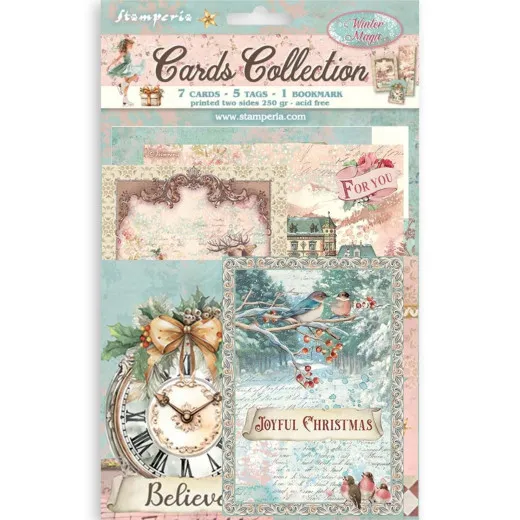 Verpackung der Stamperia Cards Collection Winter Magic mit 7 Karten, 5 Anhängern und einem Lesezeichen in Pastelltönen, Motive: Uhr, Vögel im Schnee und Landhaus.