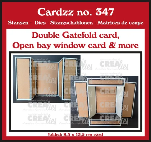 Verpackungsfoto der CREAlies Cardzz Nr. 347 mit zwei Beispielkarten in Gatefold- und Erkerfenster-Faltung