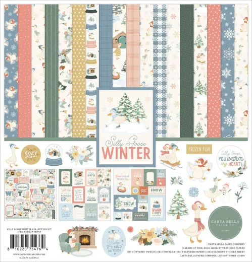 Carta Bella Silly Goose Winter Scrapbooking Set mit 12 doppelseitigen Designpapieren und einem Stickerbogen.