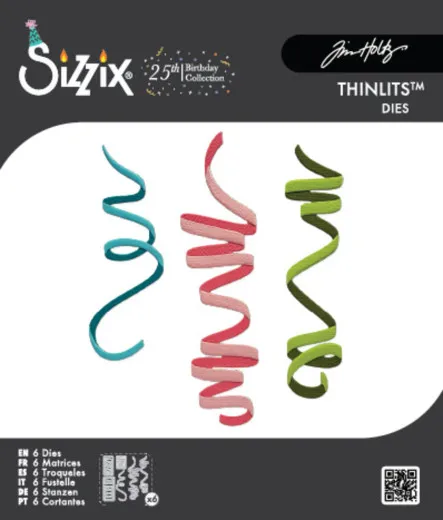 Verpackung der Sizzix Thinlits Stanzform 'Celebration Streamers' von Tim Holtz mit bunten Luftschlangen-Motiven