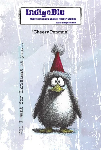 Motivkarte des IndigoBlu Cheery Penguin Stempelsets mit Pinguin im Weihnachtsmütze-Motiv.