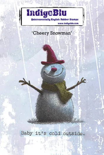 Motivkarte des IndigoBlu Cheery Snowman Stempelsets mit Schneemann-Motiv und Spruch „Baby it's cold outside".