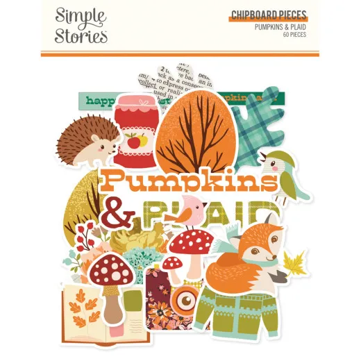 Simple Stories Chipboard Pieces Pumpkins & Plaid: Verpackung mit Chipboard-Stanzteilen wie Fuchs, Igel und Schriftzug, 60 Teile