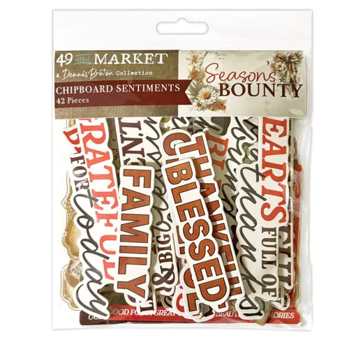 Verpackung der Chipboard Sentiments Season's Bounty mit Schriftzügen wie Blessed, Family und Grateful