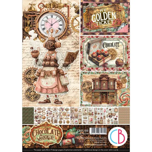 Verpackungscover des Ciao Bella Creative Pad A4 Chocolate Wanderlust mit Uhrwerk-Roboter, Golden Ticket und Pralinenschachtel