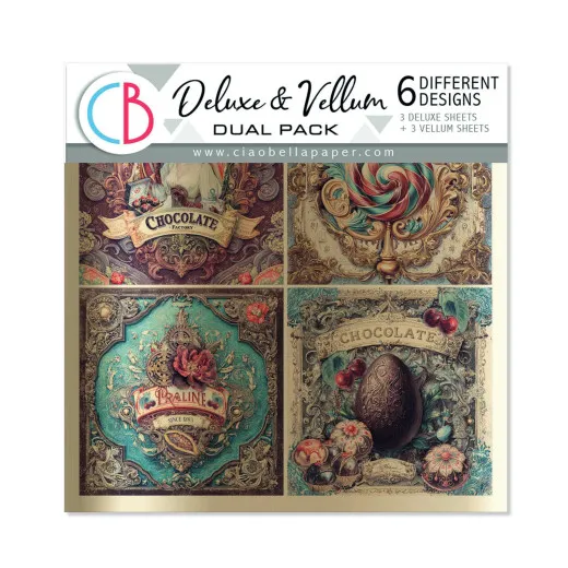 Verpackungscover des Ciao Bella Deluxe & Vellum Dual Pack 6x6 Chocolate Wanderlust mit vier Bildvignetten: Chocolate-Etikett, Lolli, Praline und Schoko-Ei