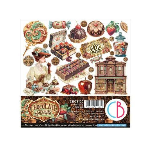 Verpackungscover des Ciao Bella Fussy Cut Pad 6x6 Chocolate Wanderlust mit Übersicht ausschneidbarer Motive wie Praline, Fabrikgebäude und Dame