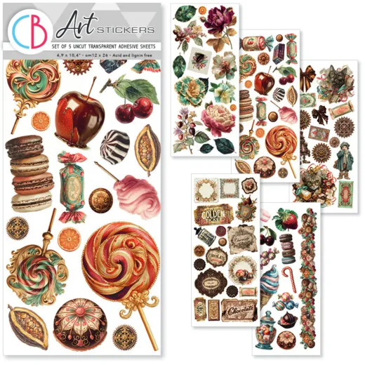 Verpackung des Sets „Chocolate Wanderlust“ mit 5 transparenten Klebebögen voller Süssigkeiten- und Schokoladenmotive