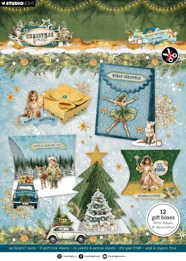 Studio Light Stanzpapierblock Christmas Forest mit vorgestanzten Elementen für 12 Geschenkboxen in Blau, Grün und Gold