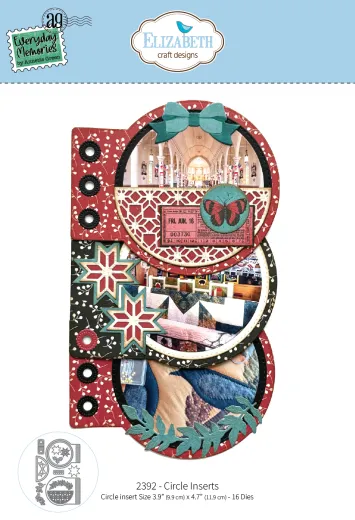 Elizabeth Craft Designs Metal Cutting Die Circle Inserts auf dekorativem rot-schwarzem Papier mit Fotos.