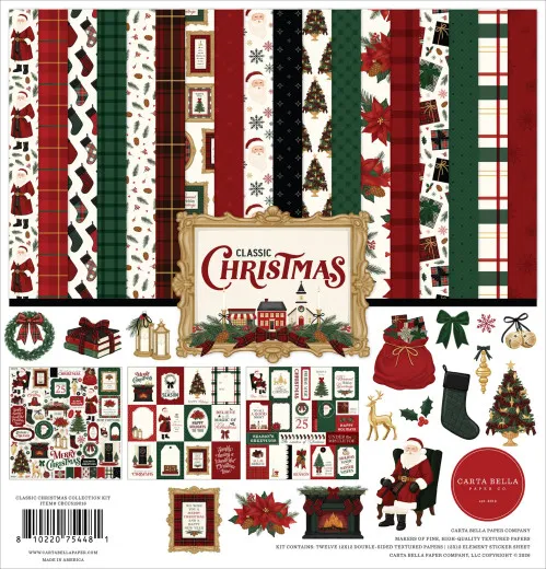 Classic Christmas Collection Kit von Carta Bella mit 12 doppelseitig bedruckten Papieren in Rot, Grün, Gold und Creme sowie Stickerbogen mit weihnachtlichen Motiven wie Weihnachtsbäumen, Rentieren, Nikolaus und Schlitten