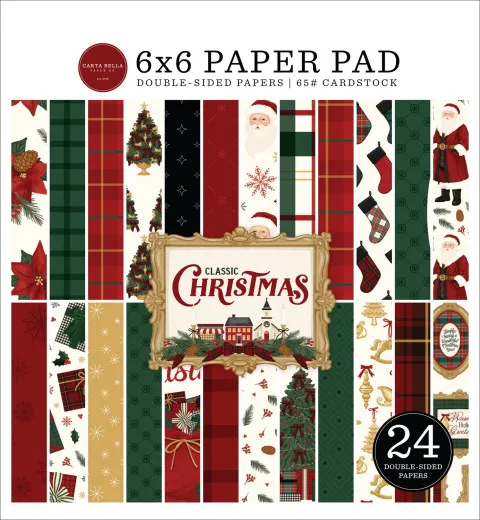 Classic Christmas 6x6 Paper Pad von Carta Bella, 24 doppelseitig bedruckte Bögen mit traditionellen Weihnachtsdesigns in Rot, Grün, Creme und Gold