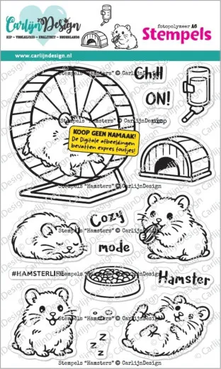 A6-Stempelbogen „Hamsters“ mit Hamsterrad, Häuschen, verschiedenen Hamster-Motiven und Sprüchen wie „Chill on“ und „Cozy mode“