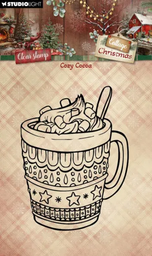Ungefärbter Umriss-Stempel einer winterlich gemusterten Tasse heißer Schokolade mit Marshmallows und Löffel.