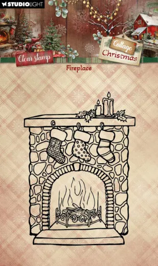 Ungefärbter Umriss-Stempel eines Kamins mit drei aufgehängten Weihnachtsstrümpfen und Kerzen auf dem Sims.