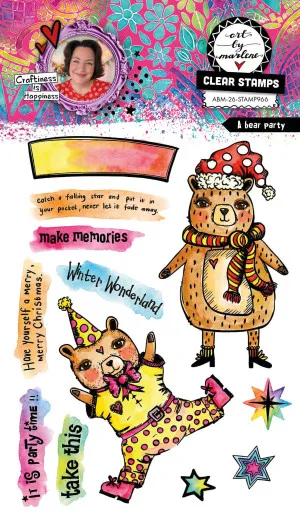 Art By Marlene Clear Stamps A bear party Set mit 12 Stempeln zeigt bunte Bären mit Mütze und Schal, Sprüche wie make memories und Winter Wonderland