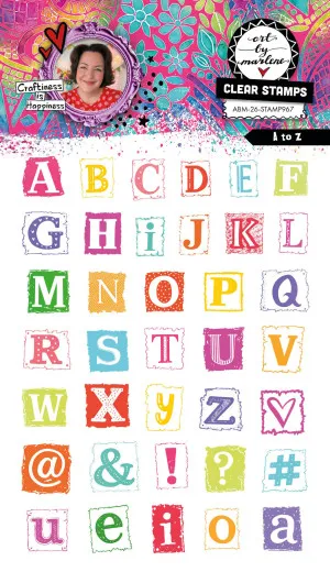 Art By Marlene Clear Stamps A-Z Set mit 37 bunten Buchstaben- und Symboldstempeln auf farbenfrohem Hintergrund