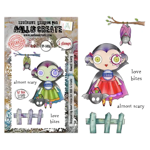 Clear Stamps Set Almost Scary mit 5 Stempeln: Vampirin mit Fledermaus, Fliegender Vampir, Zaun und Textblöcke von Janet Klein