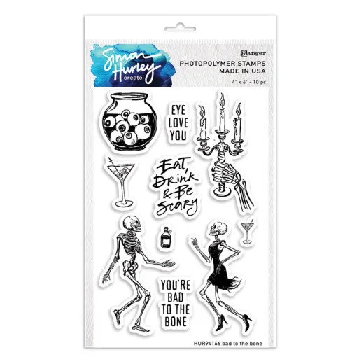 Stempelset Bad to the Bone mit tanzenden Skeletten, Glas mit Augäpfeln, Kandelaber und Sprüchen