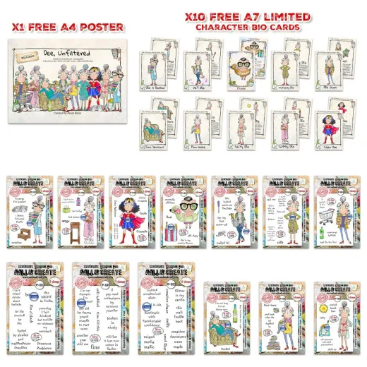 Bundle aus 15 AALL & Create Clear-Stamp-Sets der Serie „Dee Infiltered“ von Janet Klein mit der Comicfigur Miss Dee in Alltagssituationen, inkl. Gratis-A4-Poster und 10 limitierten Charakter-Bio-Karten.