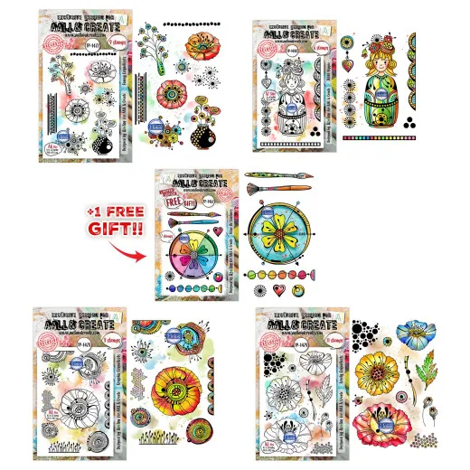 Bundle aus fünf AALL & Create Clear-Stamp-Sets der Kollektion „Lovely Couleurs“ von Azoline mit floralen Mohnblumen-Motiven, inkl. Gratis-Stempelset „Fleur De Couleurs“.