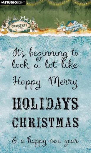 Stempelbogen "Sentiments" mit den Textstempeln "Happy Holidays", "Merry Christmas" und "It's beginning to look a lot like Christmas" auf winterlichem Hintergrund