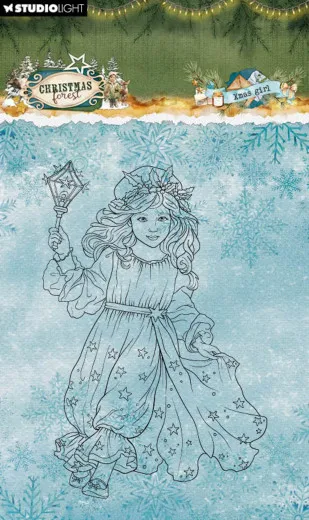 Unkolorierter Stempelabdruck eines Mädchens im winterlichen Kleid mit Laterne, Motiv "Xmas Girl"