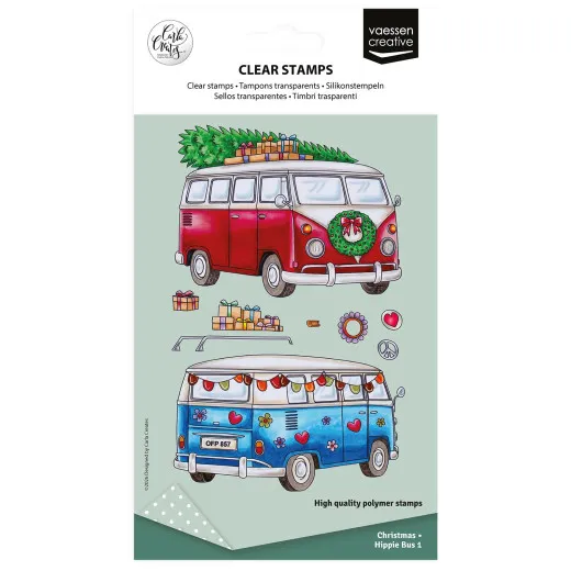 Clear Stamps Set Christmas Hippie Bus 1 von Vaessen Creative mit rotem und blauem Bulli, Tannenbaum und Geschenken