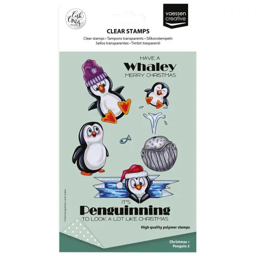Clear Stamps Set Christmas Penguin 2 von Vaessen Creative mit Pinguinen, Wal und Weihnachtstexten in Verpackung